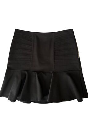 Ann Taylor Black Flounce Hem Skirt Side Zip Career Mini Stretch Size 10